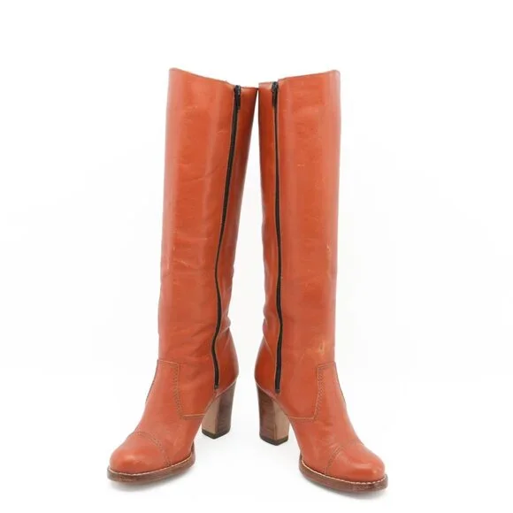 Vintage 70s Campus Leather Knee-high Gogo Boots Heeled Brown Boots Size 5 1/2